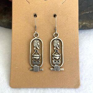Sterling Silver 925 Egyptian Amulet Hieroglyph Scarab Cartouche Dangle Earrings